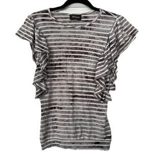 Women’s Striped Ruffle Sleeve Top, Gray Tie-Dye Stripe, Size S/M